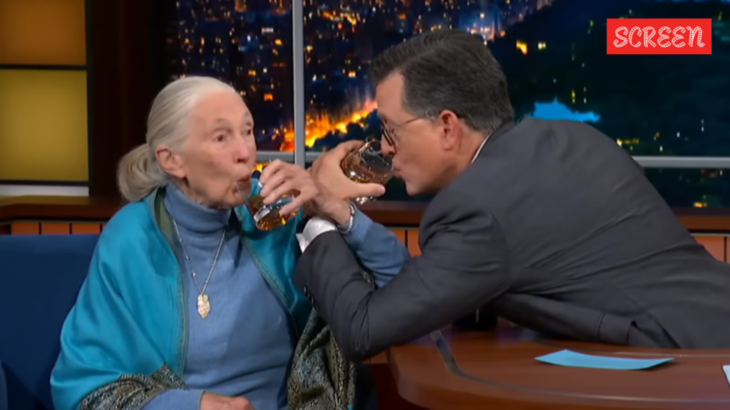 When Jane Goodall toasted to saving the planet with Stephen Colbert, and compared chimpanzees to a certain politician | Hollywood News